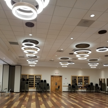 Multiple ceiling lights inside building
